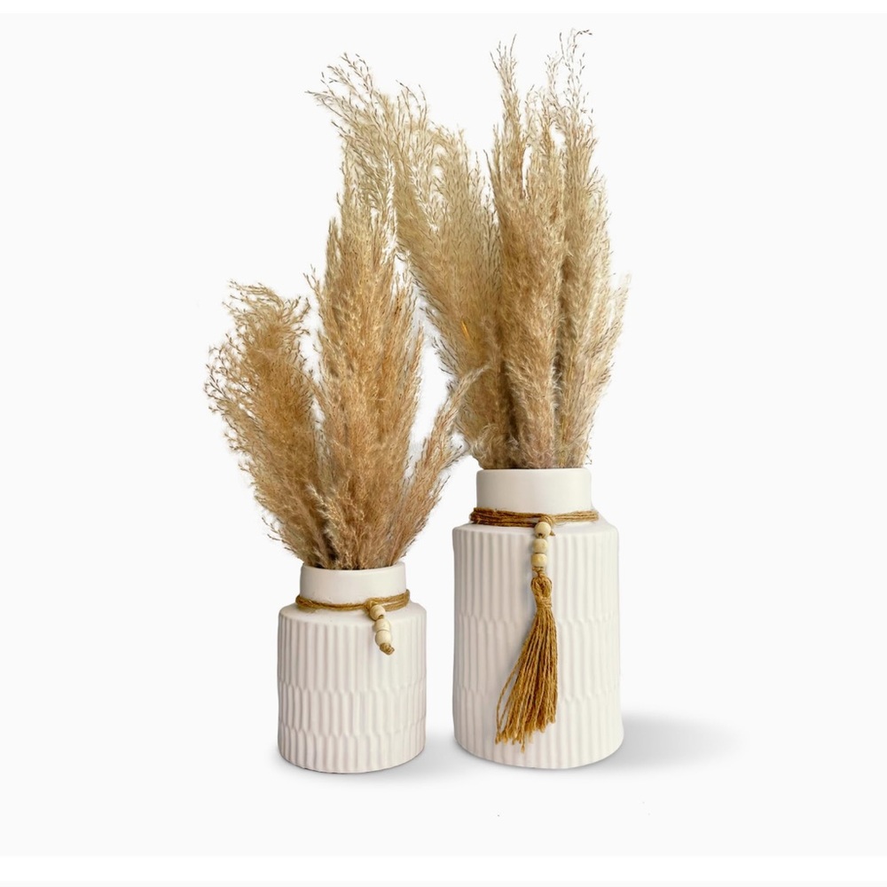 Kmili Neutral Clay Vase Set w/ Wood Bead Tassel – Modern Rustic Decor (Set of 2)